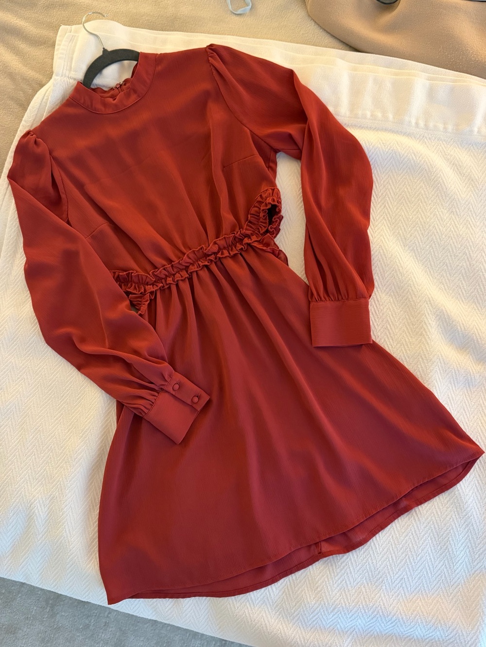 Lulus Maroon Long-Sleeve Ruffle Waist Dress